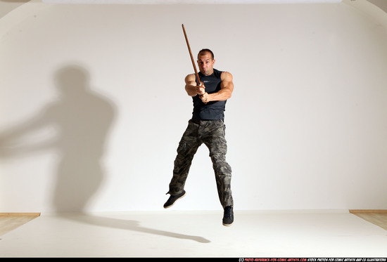 Man Adult Athletic White Fighting with sword Moving poses Casual