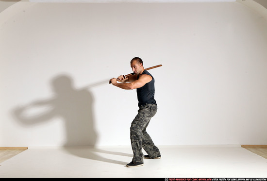 Man Adult Athletic White Fighting with sword Moving poses Casual