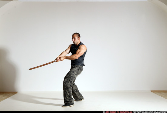 Man Adult Athletic White Fighting with sword Moving poses Casual