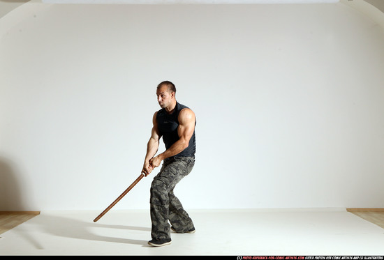 Man Adult Athletic White Fighting with sword Moving poses Casual