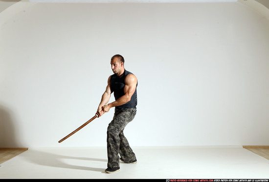 Man Adult Athletic White Fighting with sword Moving poses Casual