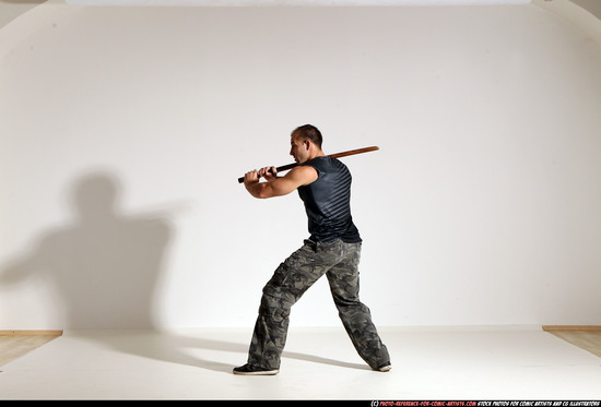 Man Adult Athletic White Fighting with sword Moving poses Casual