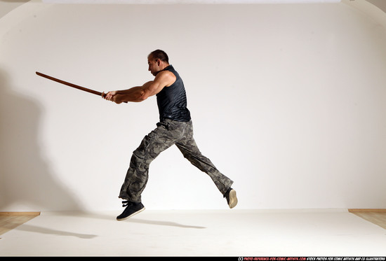 Man Adult Athletic White Fighting with sword Moving poses Casual