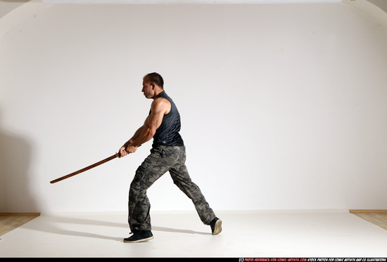 Man Adult Athletic White Fighting with sword Moving poses Casual