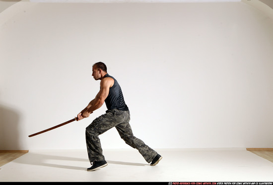 Man Adult Athletic White Fighting with sword Moving poses Casual