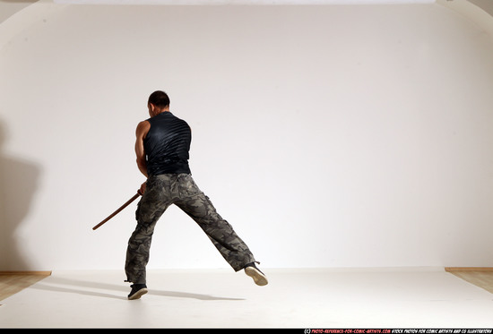 Man Adult Athletic White Fighting with sword Moving poses Casual