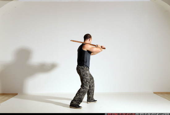 Man Adult Athletic White Fighting with sword Moving poses Casual