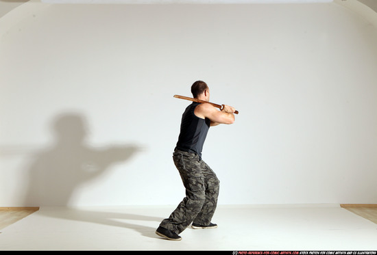 Man Adult Athletic White Fighting with sword Moving poses Casual