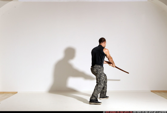 Man Adult Athletic White Fighting with sword Moving poses Casual