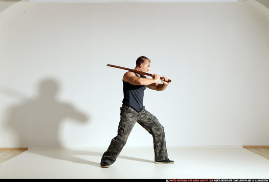 Man Adult Athletic White Fighting with sword Moving poses Casual