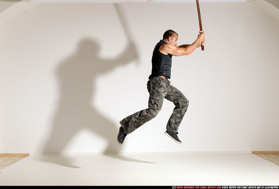 Man Adult Athletic White Fighting with sword Moving poses Casual