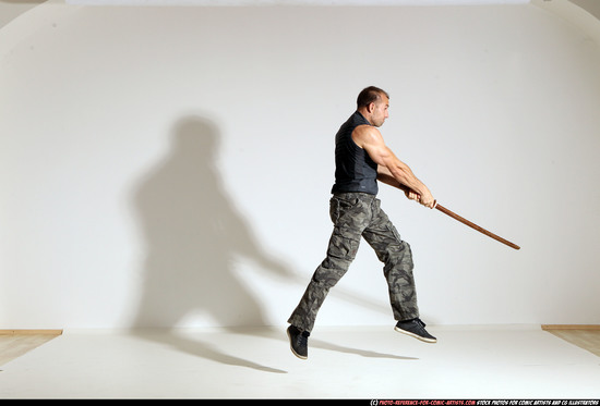 Man Adult Athletic White Fighting with sword Moving poses Casual