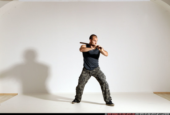 Man Adult Athletic White Fighting with sword Moving poses Casual