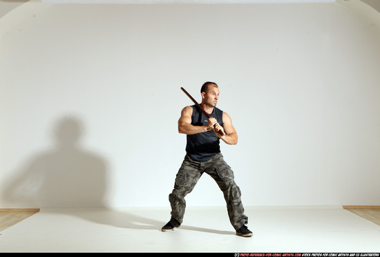 Man Adult Athletic White Fighting with sword Moving poses Casual