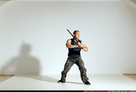 Man Adult Athletic White Fighting with sword Moving poses Casual