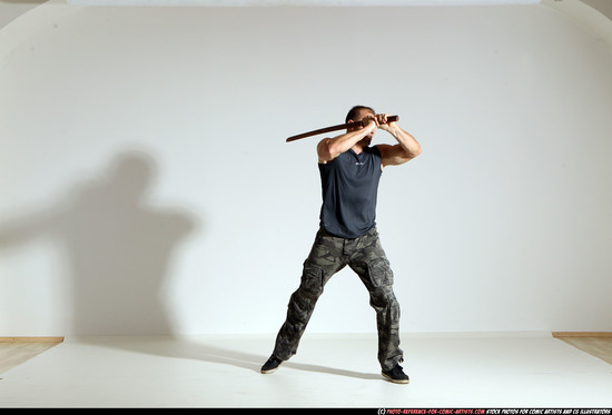 Man Adult Athletic White Fighting with sword Moving poses Casual