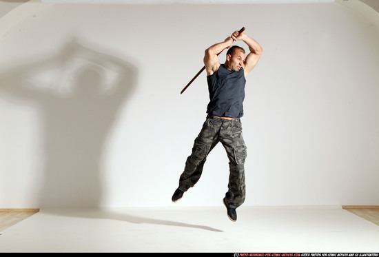 Man Adult Athletic White Fighting with sword Moving poses Casual