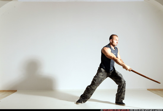 Man Adult Athletic White Fighting with sword Moving poses Casual