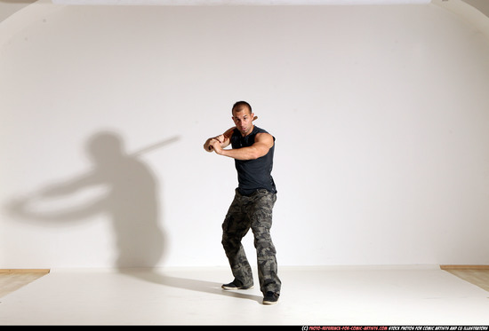 Man Adult Athletic White Fighting with sword Moving poses Casual