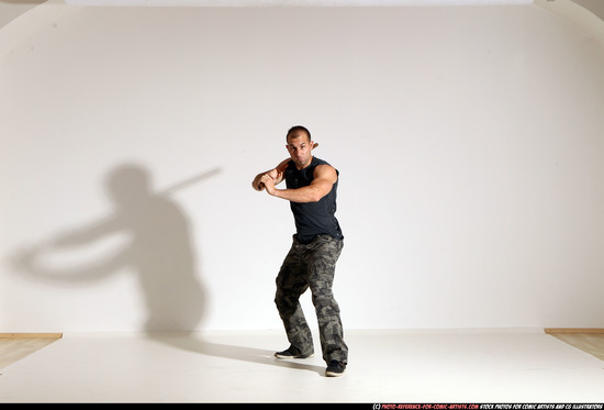 Man Adult Athletic White Fighting with sword Moving poses Casual