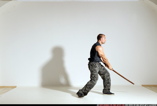 Man Adult Athletic White Fighting with sword Moving poses Casual