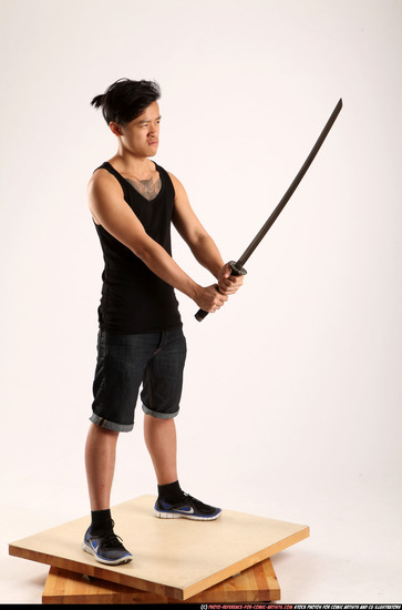 Man Young Athletic Fighting with sword Standing poses Casual Asian