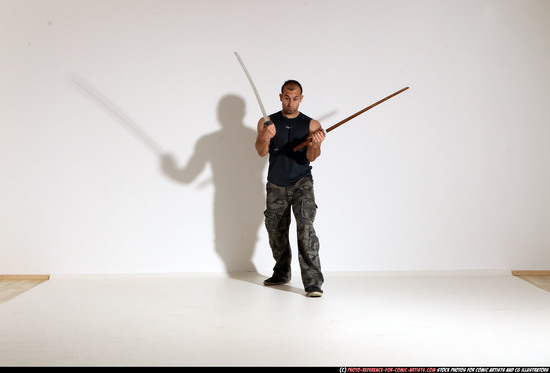 Man Adult Athletic White Fighting with sword Moving poses Casual