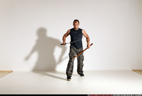 Man Adult Athletic White Fighting with sword Moving poses Casual