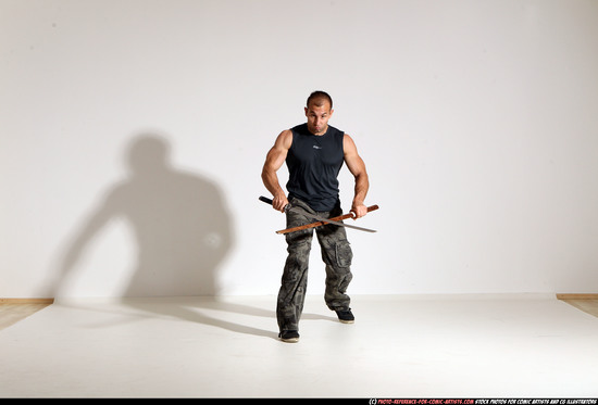 Man Adult Athletic White Fighting with sword Moving poses Casual