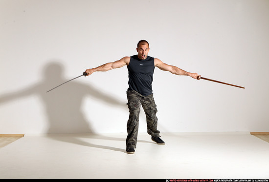 Man Adult Athletic White Fighting with sword Moving poses Casual