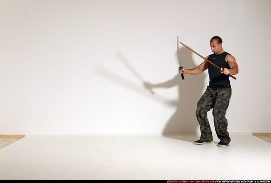 Man Adult Athletic White Fighting with sword Moving poses Casual