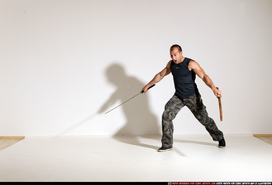 Man Adult Athletic White Fighting with sword Moving poses Casual