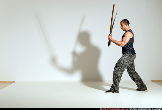 Man Adult Athletic White Fighting with sword Moving poses Casual