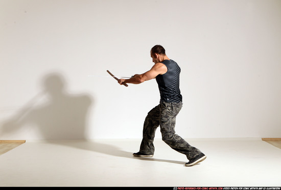 Man Adult Athletic White Fighting with sword Moving poses Casual