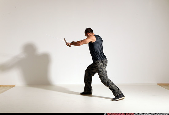 Man Adult Athletic White Fighting with sword Moving poses Casual