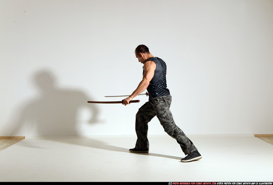 Man Adult Athletic White Fighting with sword Moving poses Casual