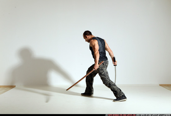 Man Adult Athletic White Fighting with sword Moving poses Casual