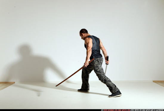 Man Adult Athletic White Fighting with sword Moving poses Casual