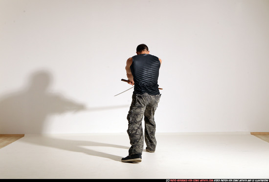 Man Adult Athletic White Fighting with sword Moving poses Casual