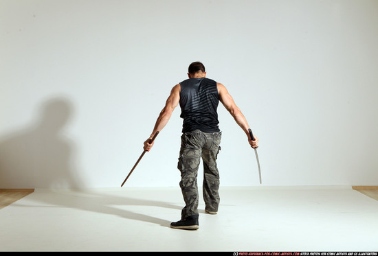 Man Adult Athletic White Fighting with sword Moving poses Casual