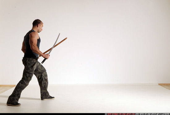 Man Adult Athletic White Fighting with sword Moving poses Casual