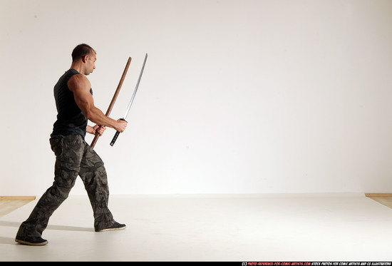 Man Adult Athletic White Fighting with sword Moving poses Casual