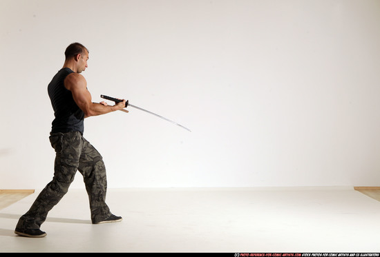 Man Adult Athletic White Fighting with sword Moving poses Casual