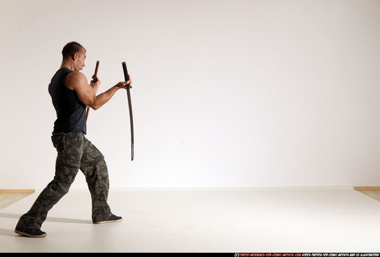 Man Adult Athletic White Fighting with sword Moving poses Casual