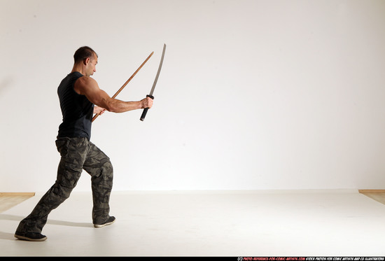 Man Adult Athletic White Fighting with sword Moving poses Casual