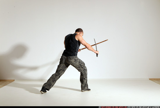 Man Adult Athletic White Fighting with sword Moving poses Casual