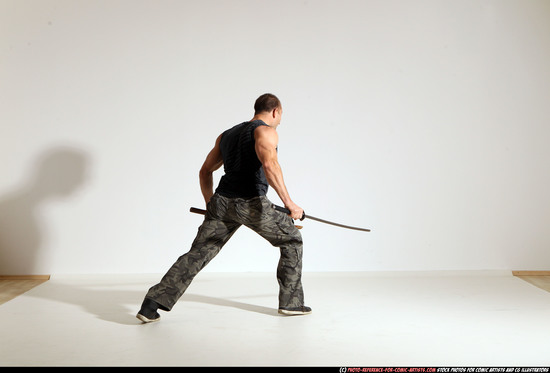 Man Adult Athletic White Fighting with sword Moving poses Casual