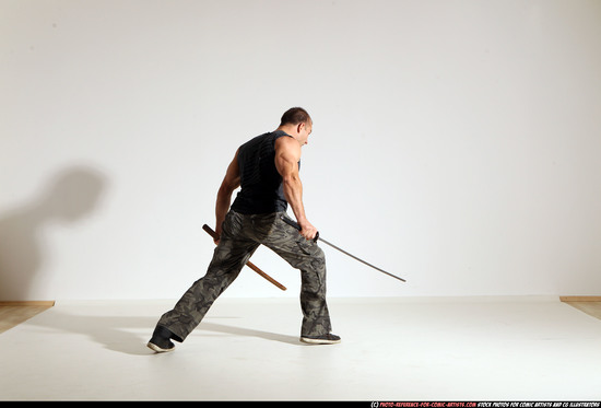 Man Adult Athletic White Fighting with sword Moving poses Casual