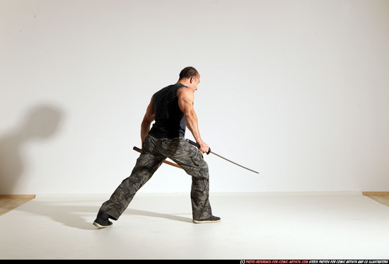 Man Adult Athletic White Fighting with sword Moving poses Casual