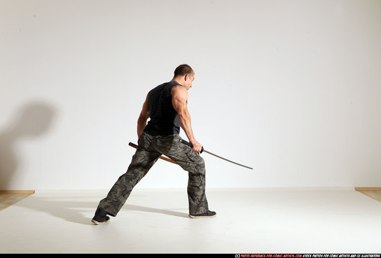 Man Adult Athletic White Fighting with sword Moving poses Casual